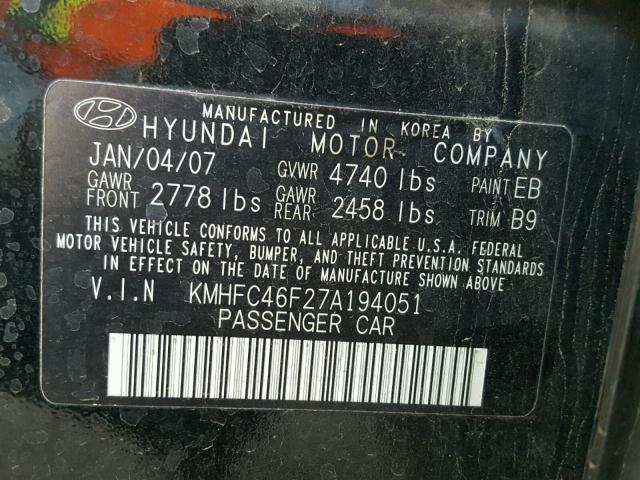 KMHFC46F27A194051 - 2007 HYUNDAI AZERA SE BLACK photo 10