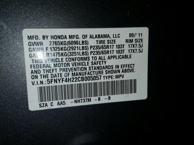 5FNYF4H22CB005057 - 2012 HONDA PILOT LX GRAY photo 10