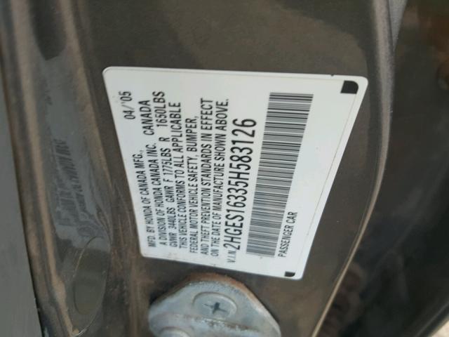 2HGES16335H583126 - 2005 HONDA CIVIC DX V GRAY photo 10