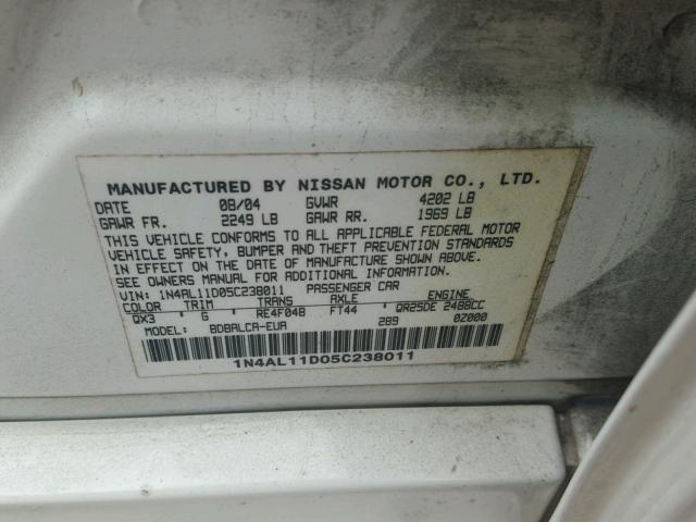 1N4AL11D05C238011 - 2005 NISSAN ALTIMA S WHITE photo 10