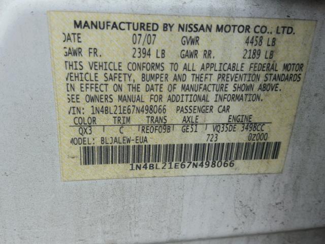 1N4BL21E67N498066 - 2007 NISSAN ALTIMA 3.5 WHITE photo 10