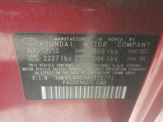 KMHDU4AD3AU172771 - 2010 HYUNDAI ELANTRA BL BURGUNDY photo 10