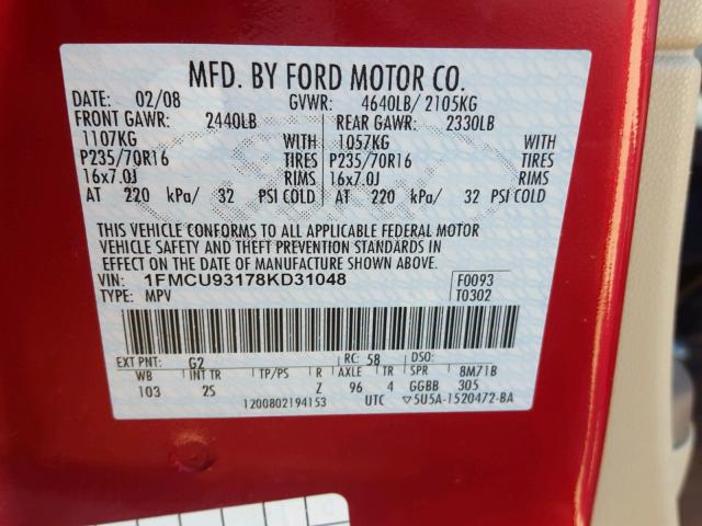 1FMCU93178KD31048 - 2008 FORD ESCAPE RED photo 10