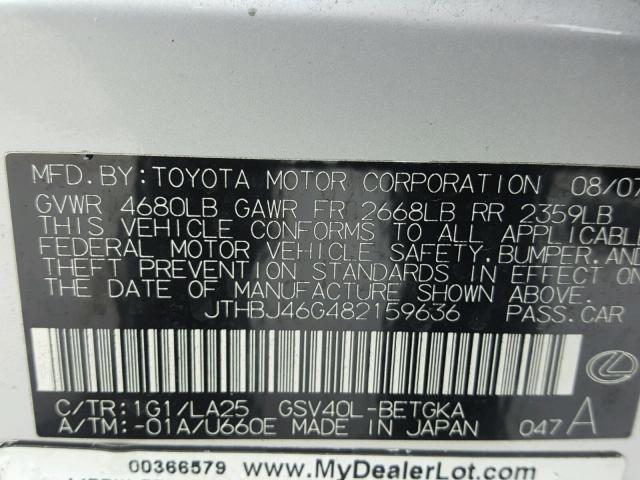 JTHBJ46G482159636 - 2008 LEXUS ES 350 GRAY photo 10