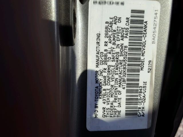 4T1BF32K83U552278 - 2003 TOYOTA CAMRY LE GRAY photo 10