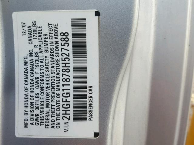 2HGFG11878H527588 - 2008 HONDA CIVIC EX ვერცხლისფერი ფოტო 10