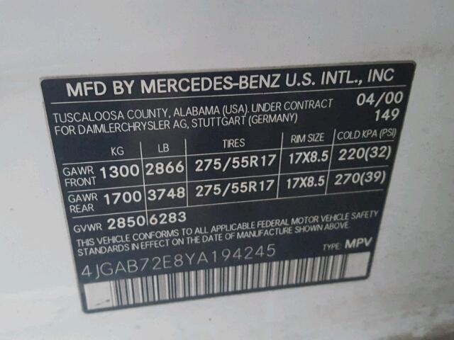 4JGAB72E8YA194245 - 2000 MERCEDES-BENZ ML 430 银色 照片 10