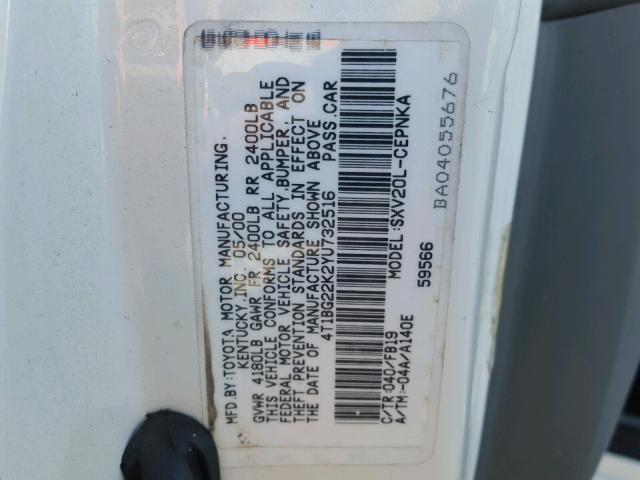 4T1BG22K2YU732516 - 2000 TOYOTA CAMRY CE WHITE photo 10