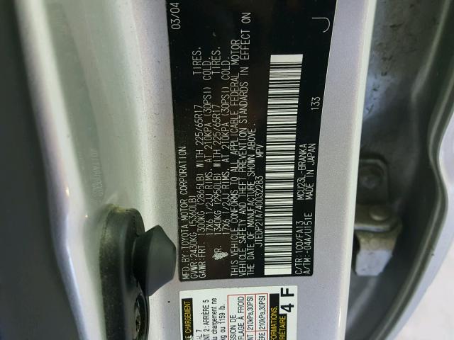 JTEDP21A740032283 - 2004 TOYOTA HIGHLANDER SILVER photo 10