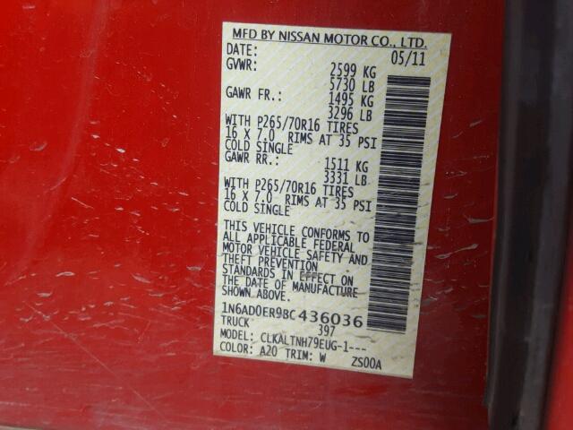 1N6AD0ER9BC436036 - 2011 NISSAN FRONTIER S RED photo 10