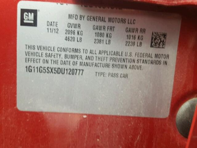 1G11G5SX5DU120777 - 2013 CHEVROLET MALIBU 3LT წითელი ფოტო 10