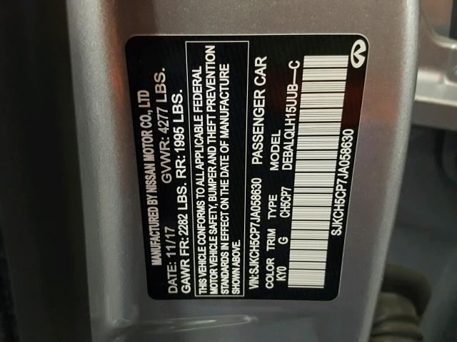 SJKCH5CP7JA058630 - 2018 INFINITI QX30 BASE SILVER photo 10