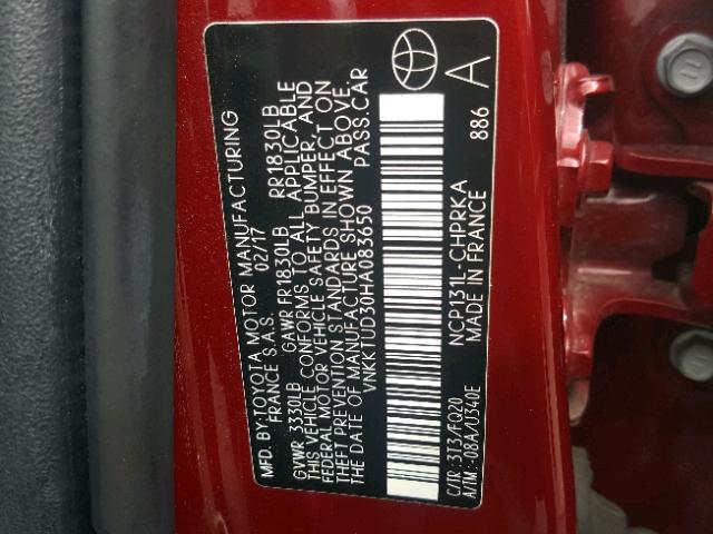 VNKKTUD30HA083650 - 2017 TOYOTA YARIS L RED photo 10