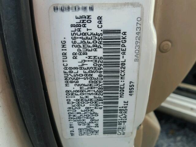 4T1BF28BXYU049926 - 2000 TOYOTA AVALON XL Ақ фото 10