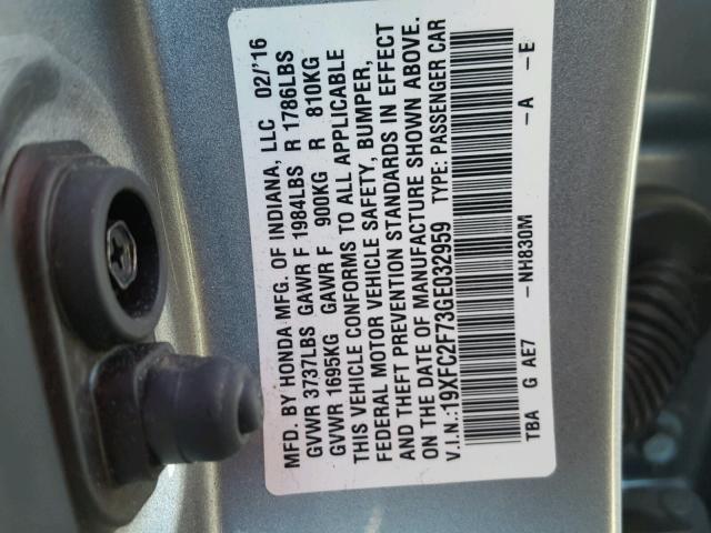 19XFC2F73GE032959 - 2016 HONDA CIVIC EX 银色 照片 10