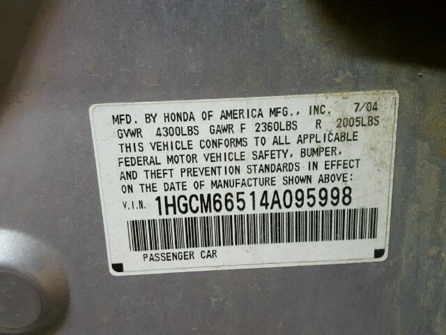 1HGCM66514A095998 - 2004 HONDA ACCORD SILVER photo 10