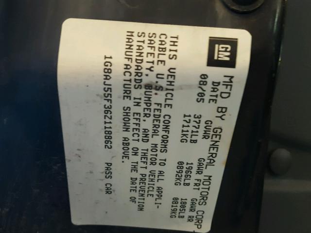 1G8AJ55F36Z118862 - 2006 SATURN ION LEVEL BLACK photo 10