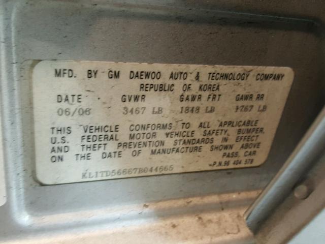 KL1TD56667B044665 - 2007 CHEVROLET AVEO BASE Күміс фото 10