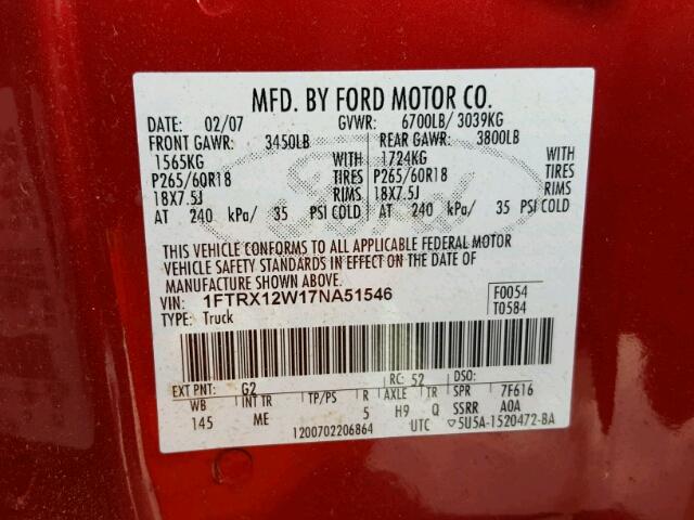 1FTRX12W17NA51546 - 2007 FORD F150 RED photo 10