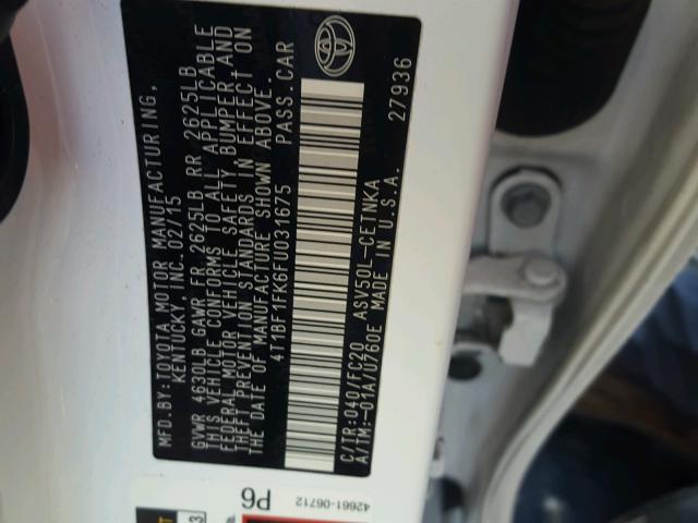 4T1BF1FK6FU031675 - 2015 TOYOTA CAMRY LE თეთრი ფოტო 10