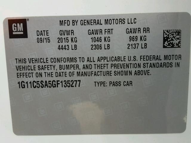 1G11C5SA5GF135277 - 2016 CHEVROLET MALIBU LIM 白色 照片 10