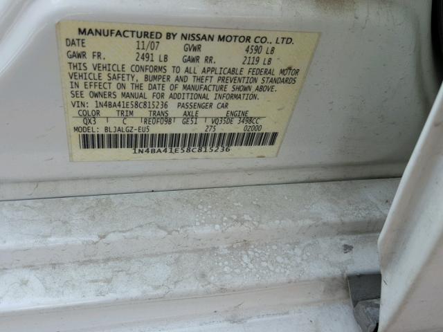 1N4BA41E58C815236 - 2008 NISSAN MAXIMA WHITE photo 10