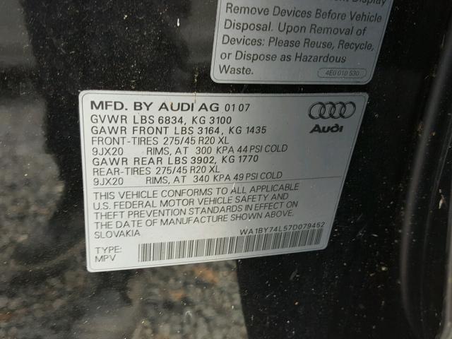 WA1BY74L57D079452 - 2007 AUDI Q7 3.6 QUA BLACK photo 10