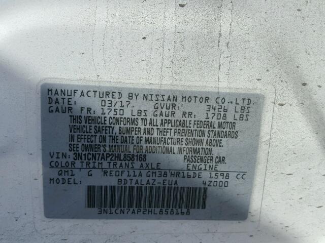 3N1CN7AP2HL858168 - 2017 NISSAN VERSA S 白色 照片 10