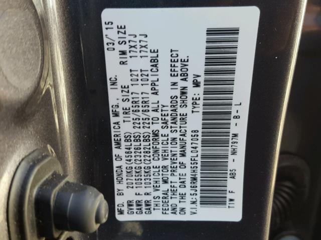 5J6RM4H55FL047058 - 2015 HONDA CR-V EX ნაცრისფერი ფოტო 10