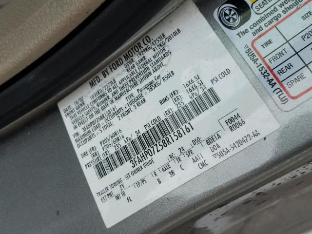 3FAHP07Z58R158161 - 2008 FORD FUSION SE GRAY photo 10