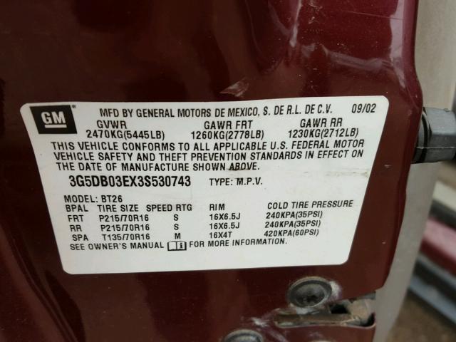 3G5DB03EX3S530743 - 2003 BUICK RENDEZVOUS BURGUNDY photo 10