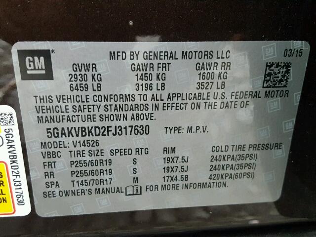 5GAKVBKD2FJ317630 - 2015 BUICK ENCLAVE PURPLE photo 10