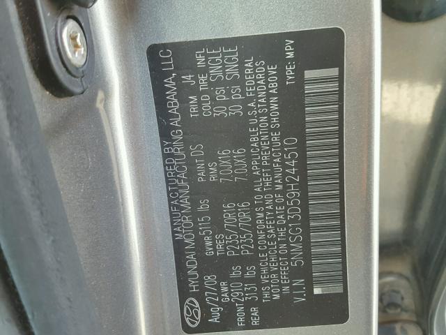 5NMSG13D59H244510 - 2009 HYUNDAI SANTA FE G GRAY photo 10