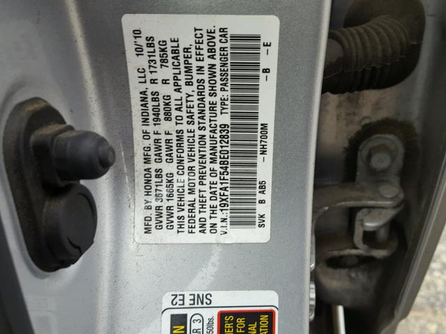 19XFA1F54BE012839 - 2011 HONDA CIVIC SILVER photo 10