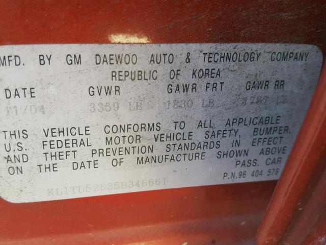KL1TD52635B346661 - 2005 CHEVROLET AVEO BASE Қызыл фото 10