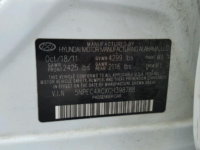 5NPEC4ACXCH398788 - 2012 HYUNDAI SONATA SE WHITE photo 10