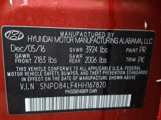 5NPD84LF4HH167820 - 2017 HYUNDAI ELANTRA SE BURGUNDY photo 10