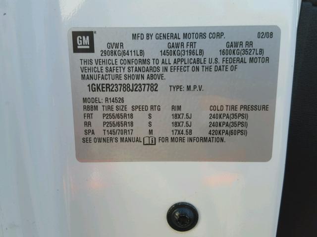 1GKER23788J237782 - 2008 GMC ACADIA SLT თეთრი ფოტო 10