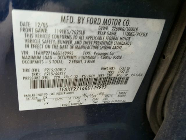 1FAHP27166G149995 - 2006 FORD FIVE HUNDR BLUE photo 10