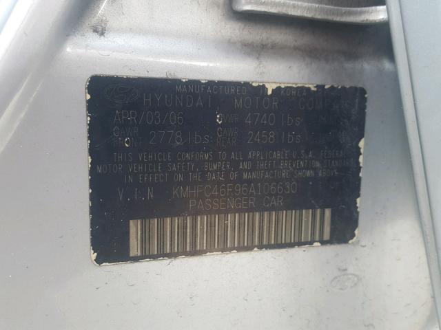 KMHFC46F96A106630 - 2006 HYUNDAI AZERA SE SILVER photo 10