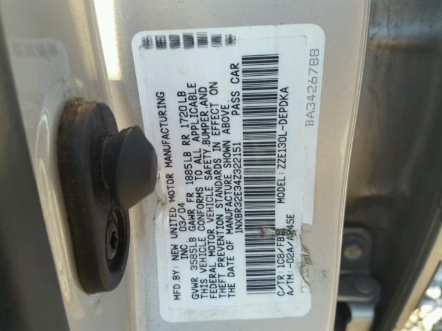 1NXBR32E34Z322151 - 2004 TOYOTA COROLLA CE SILVER photo 10