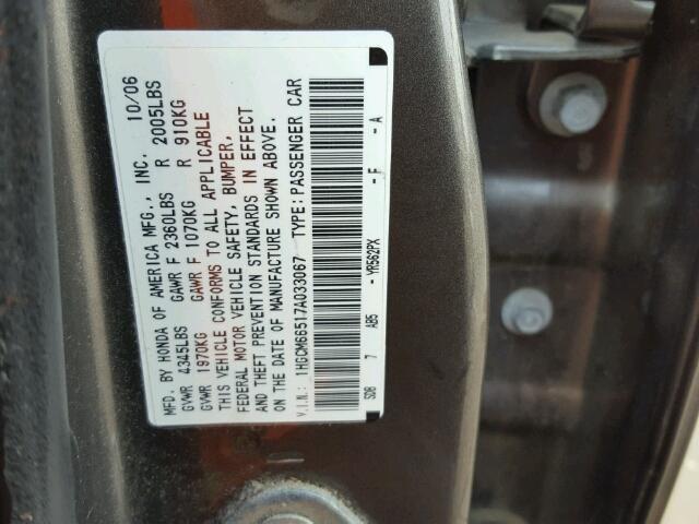 1HGCM66517A033067 - 2007 HONDA ACCORD EX GOLD photo 10