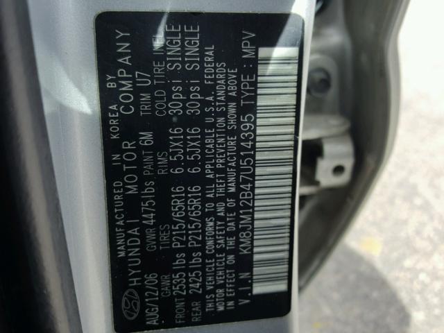 KM8JM12B47U514395 - 2007 HYUNDAI TUCSON GLS SILVER photo 10