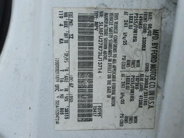 5LMFU27R73LJ13714 - 2003 LINCOLN NAVIGATOR Biały zdjęcie 10