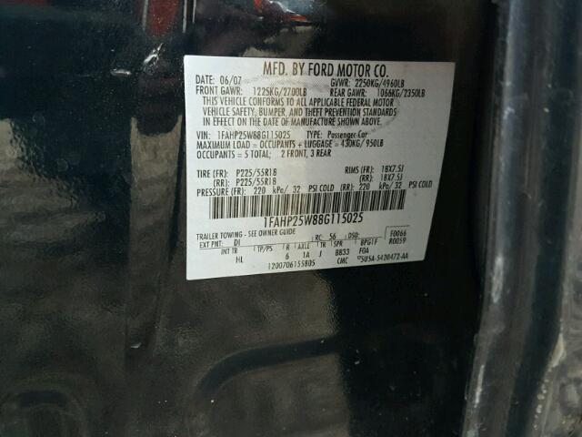 1FAHP25W88G115025 - 2008 FORD TAURUS LIM BLACK photo 10