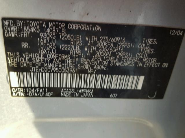 JTEHD20V950053961 - 2005 TOYOTA RAV4 SILVER photo 10