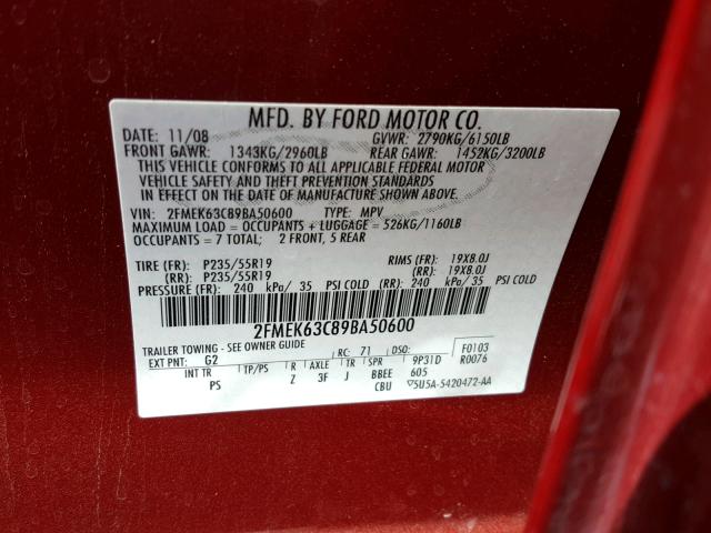 2FMEK63C89BA50600 - 2009 FORD FLEX LIMIT RED photo 10