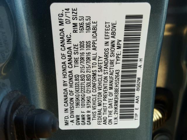 2HKRM3H38EH552643 - 2014 HONDA CR-V LX TEAL photo 10