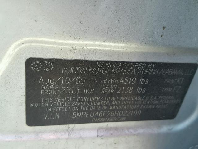 5NPEU46F26H022199 - 2006 HYUNDAI SONATA GLS SILVER photo 10