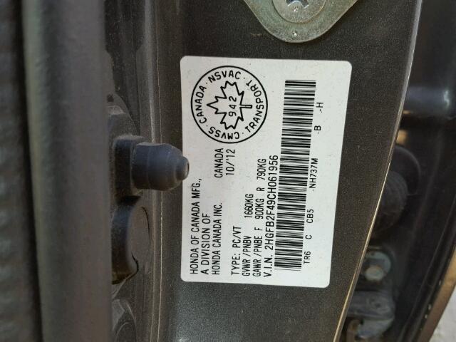 2HGFB2F49CH061956 - 2012 HONDA CIVIC LX GRAY photo 10